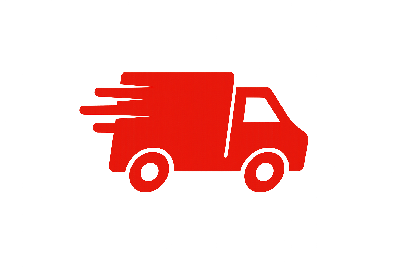 A high-quality 308 pixel red delivery truck icon in motion with no road beneath it, featuring professional clean design with dynamic movement indicators